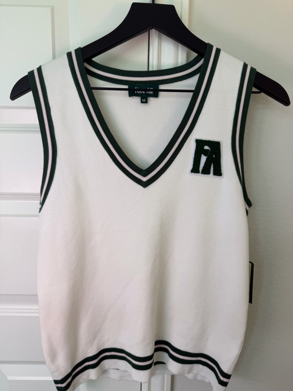 Fore All Varsity Knit Sweater Vest – White/Green/Pink Trim (Size Medium) – NWT